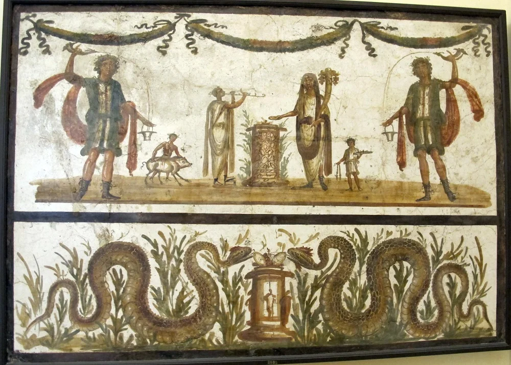 Fresco depicting sacrifice to the lares | Wall painting from Pompeii, currently held in the Museo Archaeologico Nazionale in Naples | Image Source