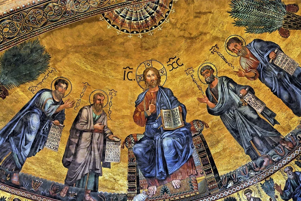 Apse mosaic of Christ, Peter, Paul, Andrew, and Luke, with Pope Honorius III at Christ’s feet | Basilica of St. Paul Outside the Walls (1220), Rome | Image Source