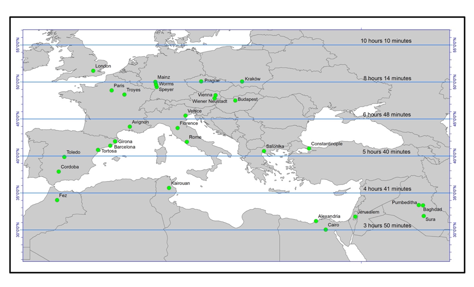 A map of major centers of Jewish scholarship in Late Antiquity and the medieval period. The difference in time between the longest and shortest day of the year at various latitudes is indicated.