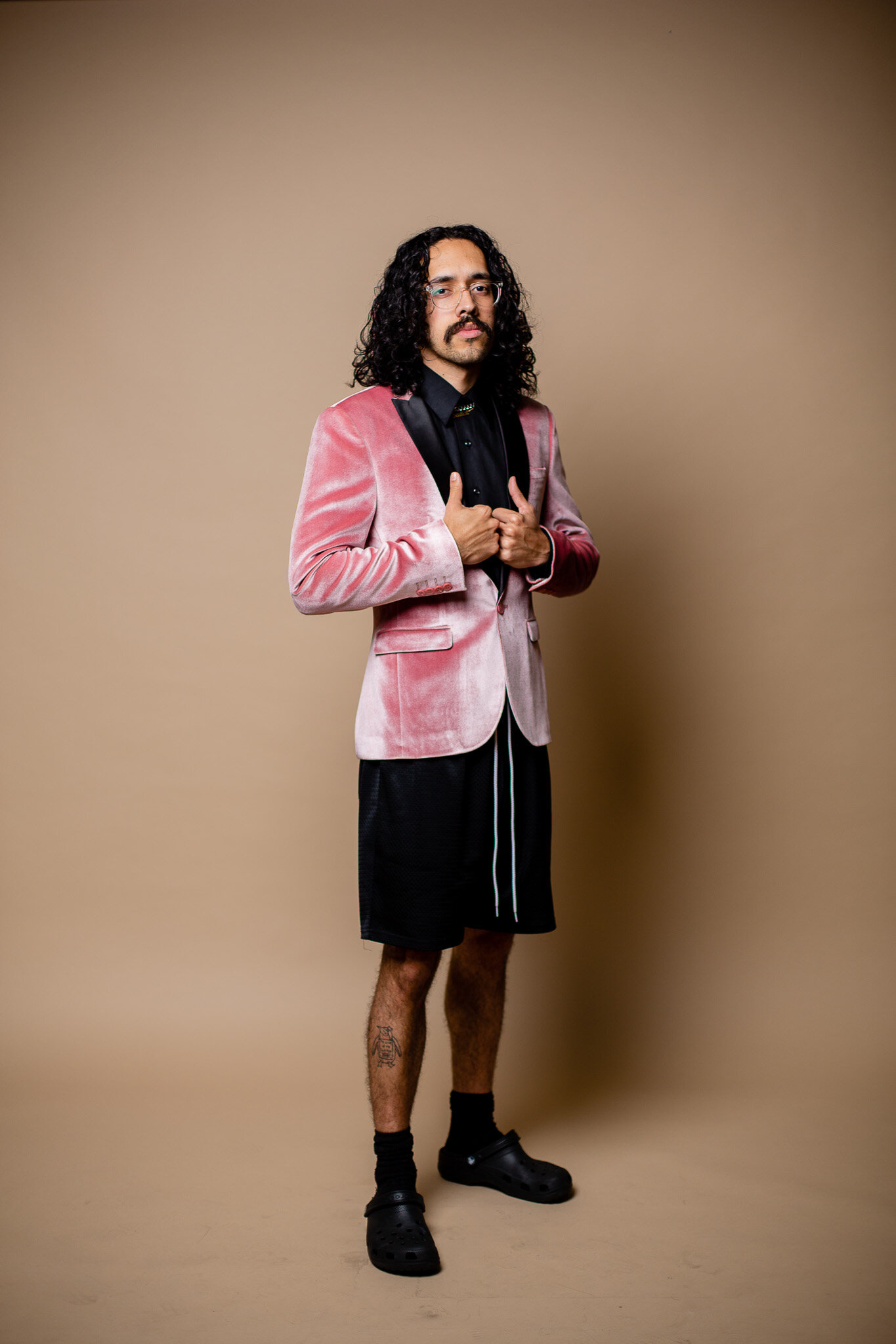 Terek from Whippoorwill in pink suede jacket and shorts
