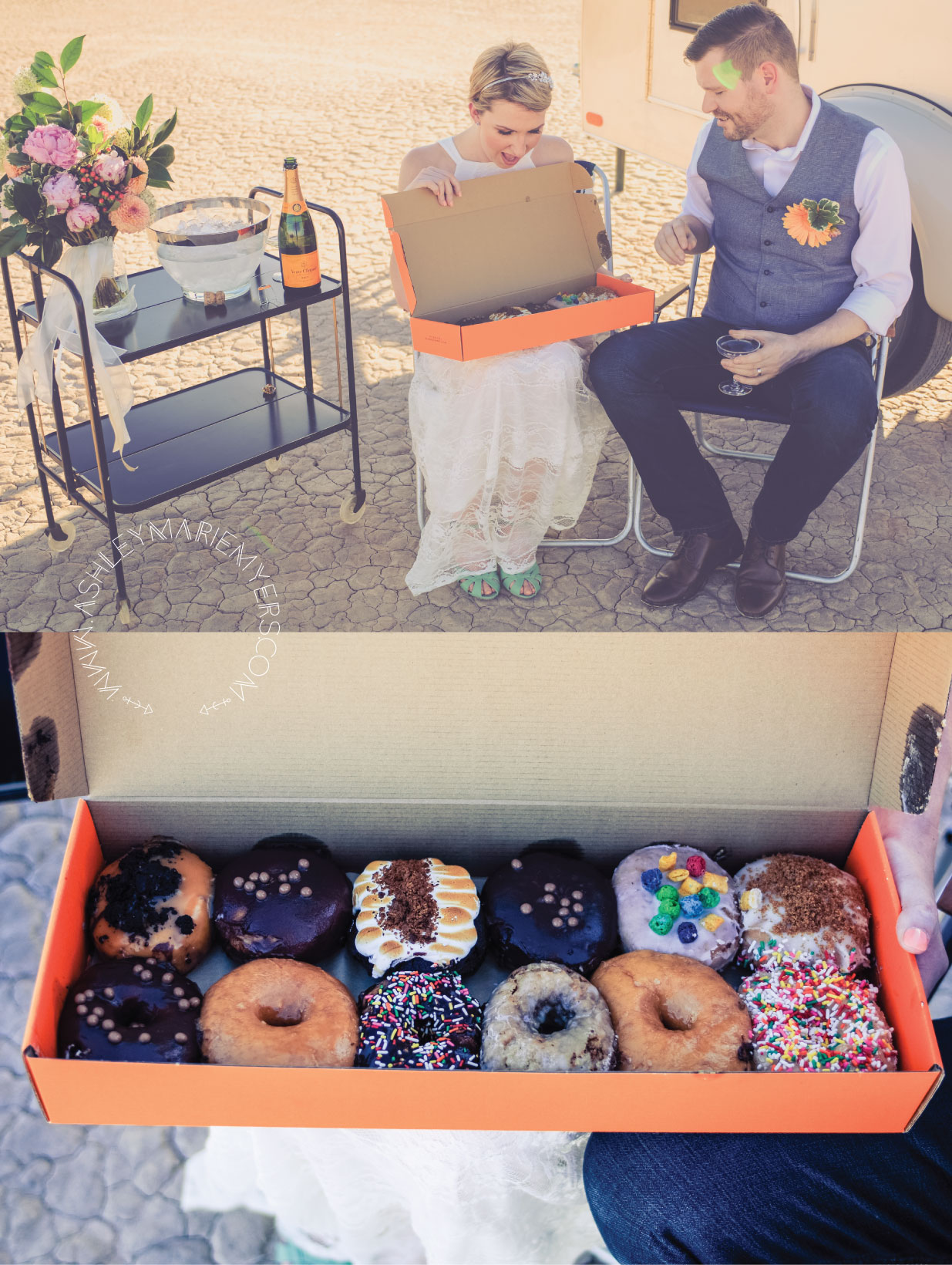 Las Vegas Desert wedding with Flora Pop Dry Lake Bed Wedding, Las Vegas downtown O Face Donuts