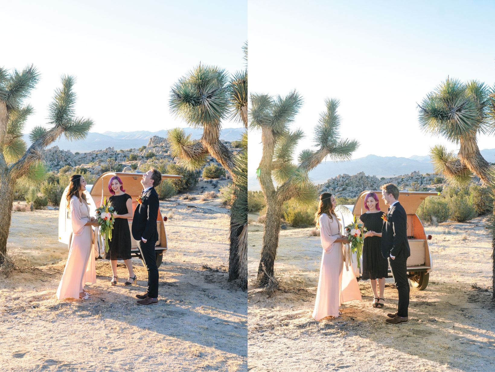 Joshua Tree Elopement, Joshua Tree Wedding, Joshua Tree, CA, Pink Wedding Dress, sunrise wedding, sunrise elopement, Flora Pop Elopement