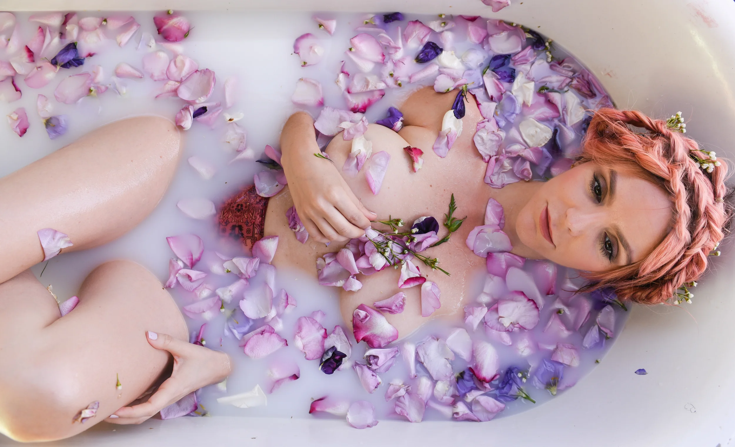 rose bath, milk bath, flores lane candles, boho bunnie, joshua tree, rose petal bath, milky bath shoot, pink hair, pastel pink hair,