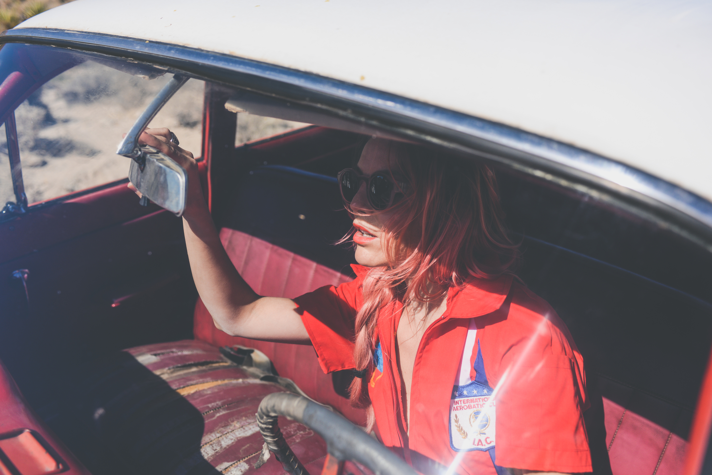 festival wear, vintage jumpsuit, red, festival outfit, ldv vintage, boho bunnie, joshua tree, desert vibes, ashley marie myers, festival gear, vintage outfits, vintage wear, boho, vintage car, red car,