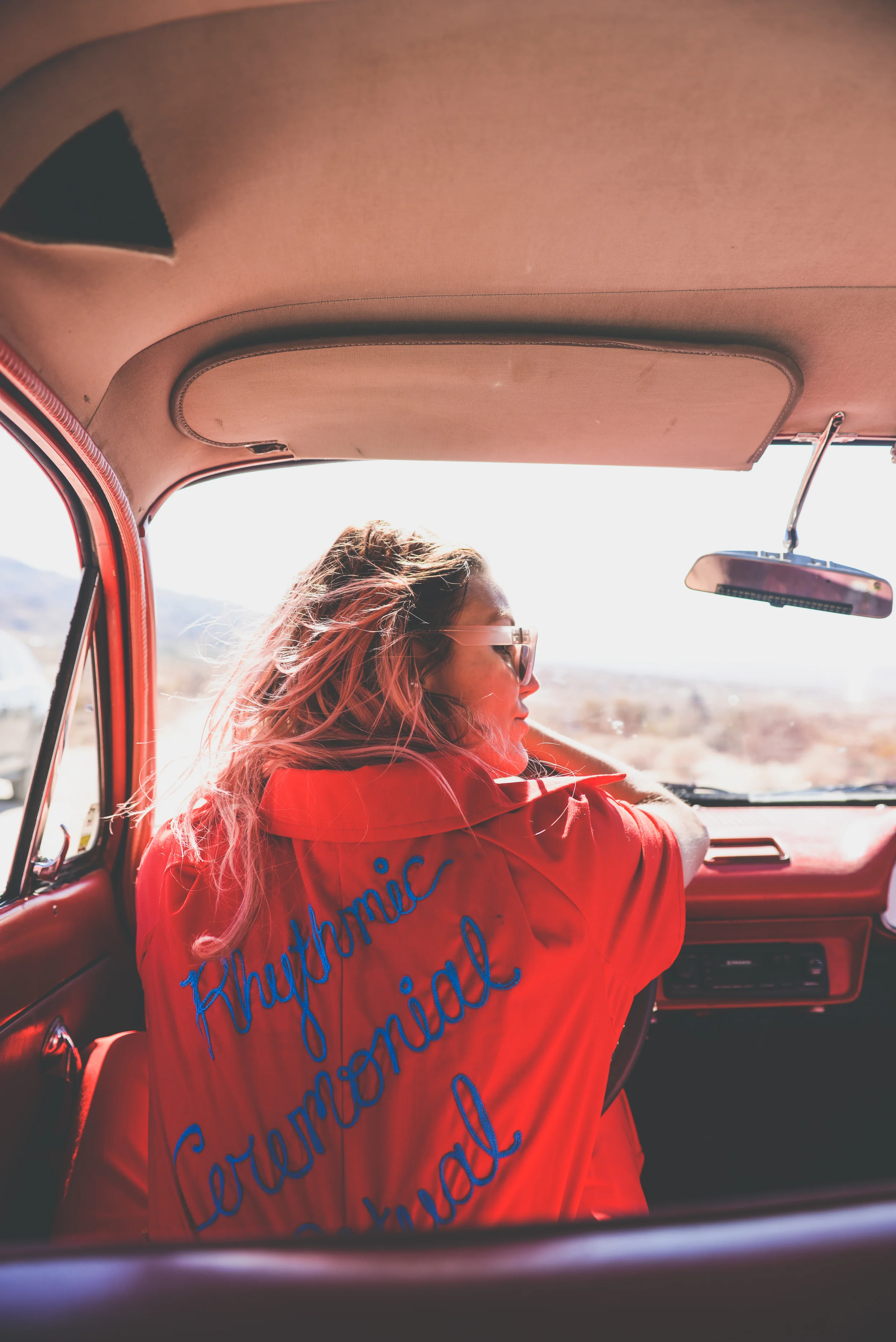 festival wear, vintage jumpsuit, red, festival outfit, ldv vintage, boho bunnie, joshua tree, desert vibes, ashley marie myers, festival gear, vintage outfits, vintage wear, boho, vintage car, red car,
