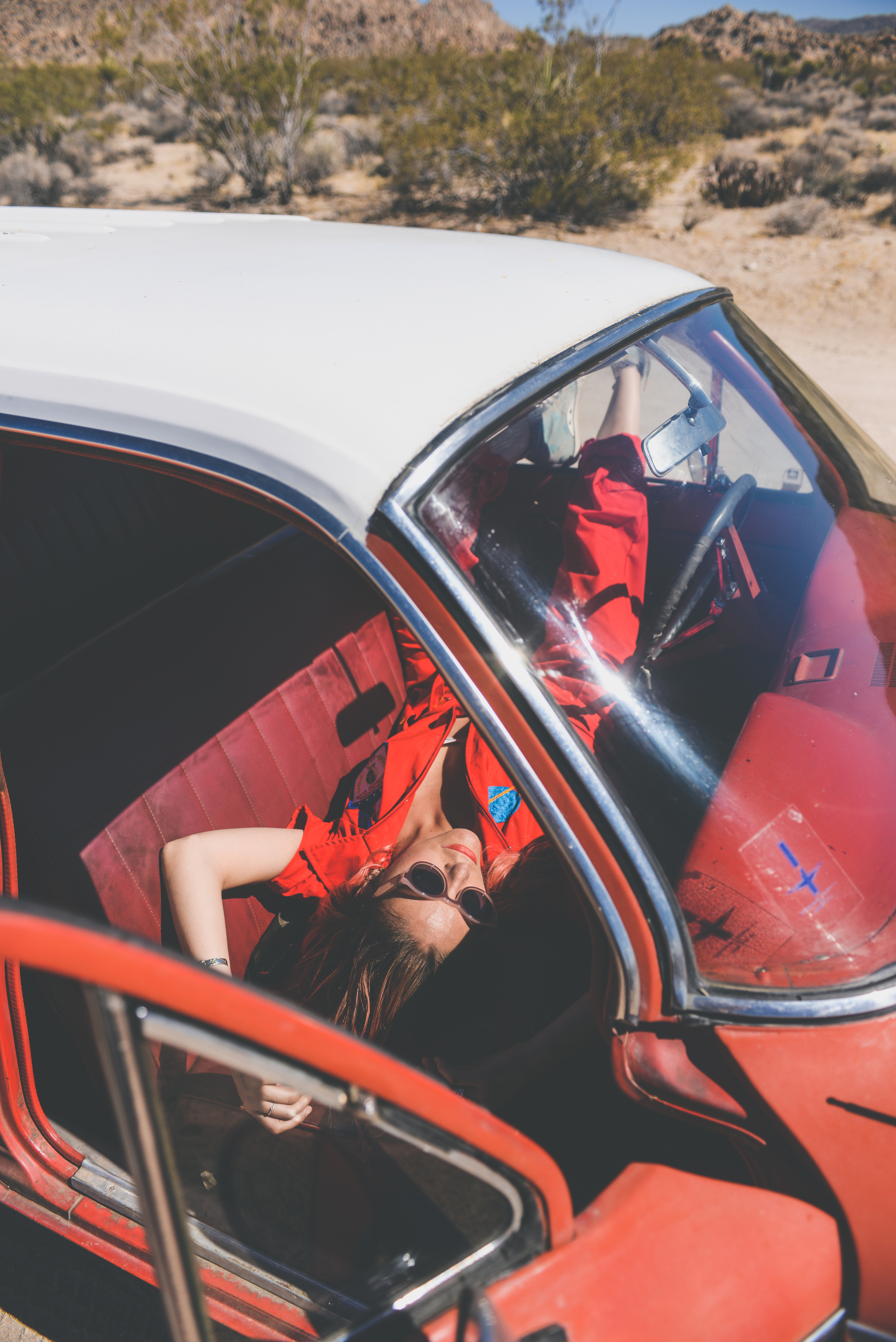 festival wear, vintage jumpsuit, red, festival outfit, ldv vintage, boho bunnie, joshua tree, desert vibes, ashley marie myers, festival gear, vintage outfits, vintage wear, boho, vintage car, red car,