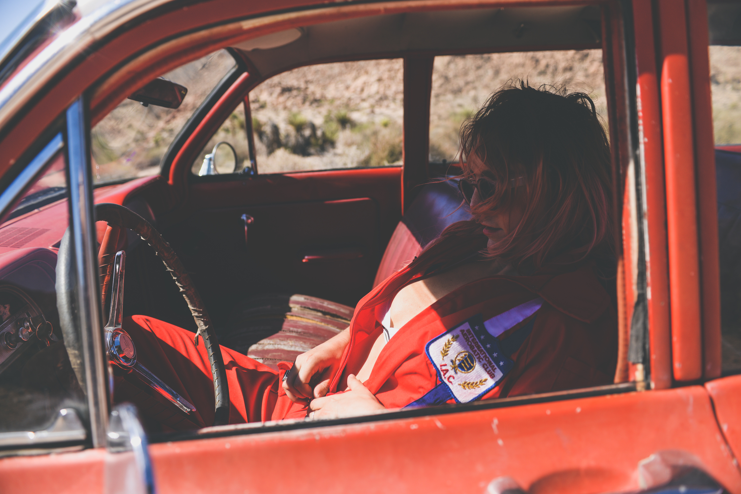 festival wear, vintage jumpsuit, red, festival outfit, ldv vintage, boho bunnie, joshua tree, desert vibes, ashley marie myers, festival gear, vintage outfits, vintage wear, boho, vintage car, red car,