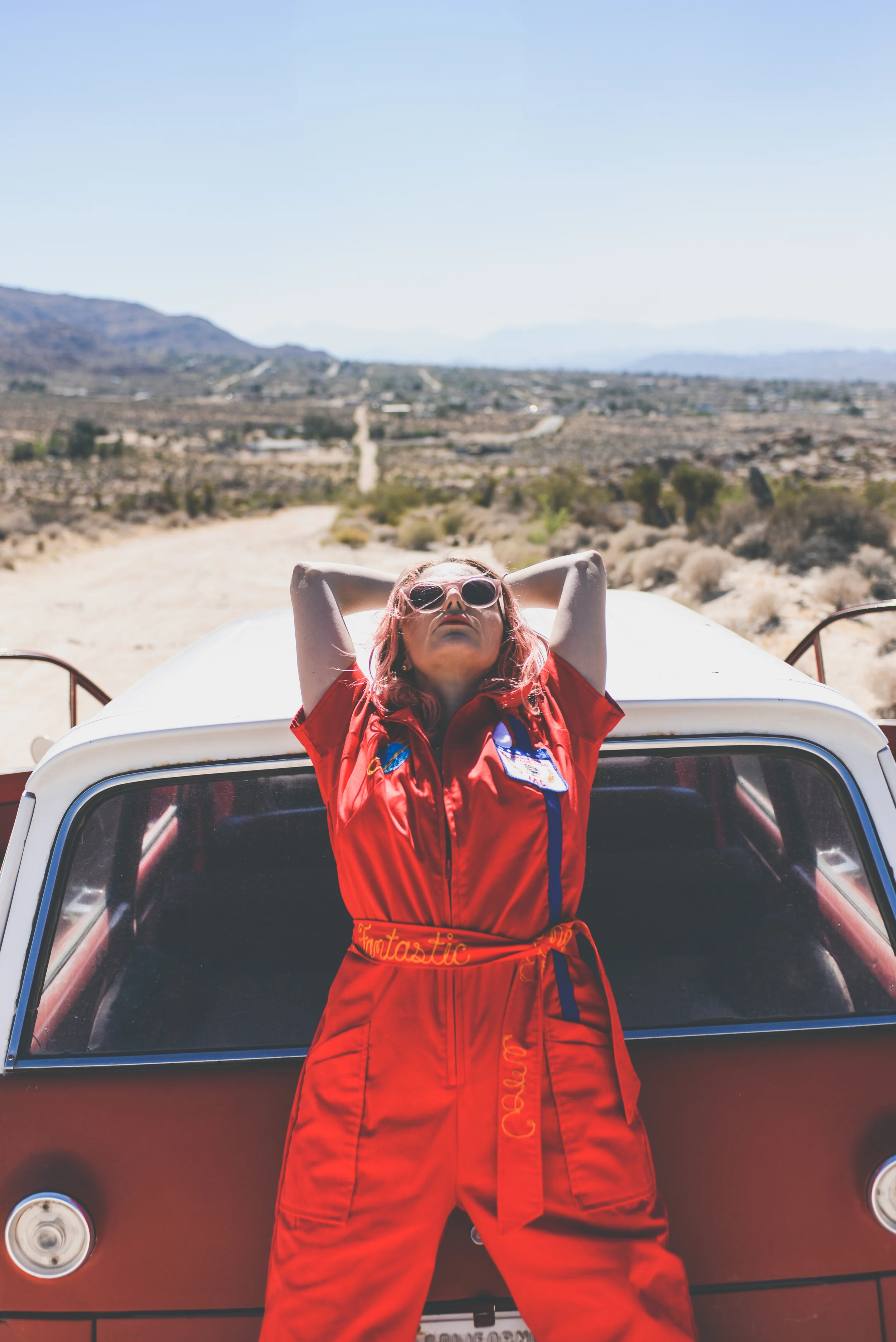 festival wear, vintage jumpsuit, red, festival outfit, ldv vintage, boho bunnie, joshua tree, desert vibes, ashley marie myers, festival gear, vintage outfits, vintage wear, boho, vintage car, red car,