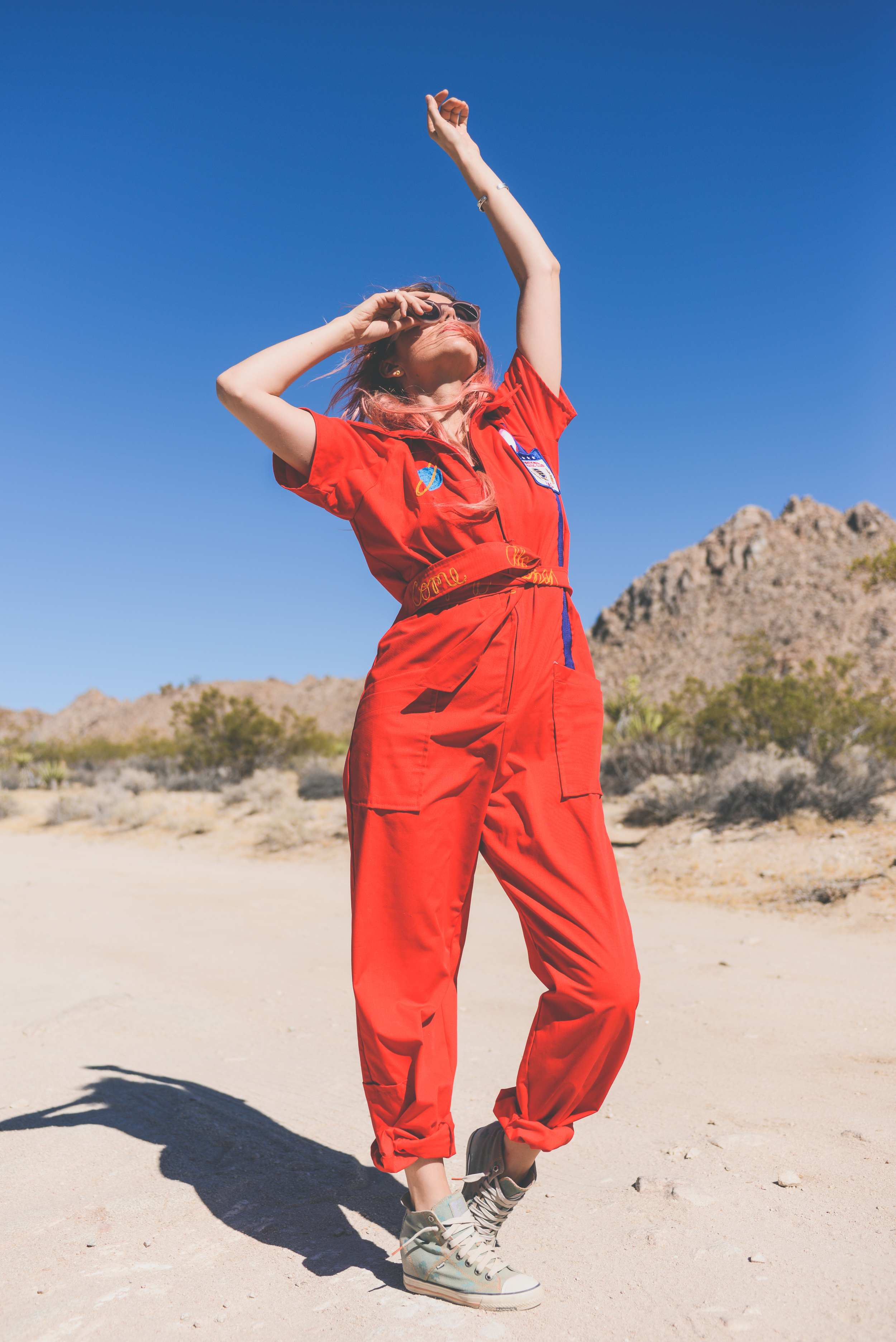 festival wear, vintage jumpsuit, red, festival outfit, ldv vintage, boho bunnie, joshua tree, desert vibes, ashley marie myers, festival gear, vintage outfits, vintage wear, boho, vintage car, red car,