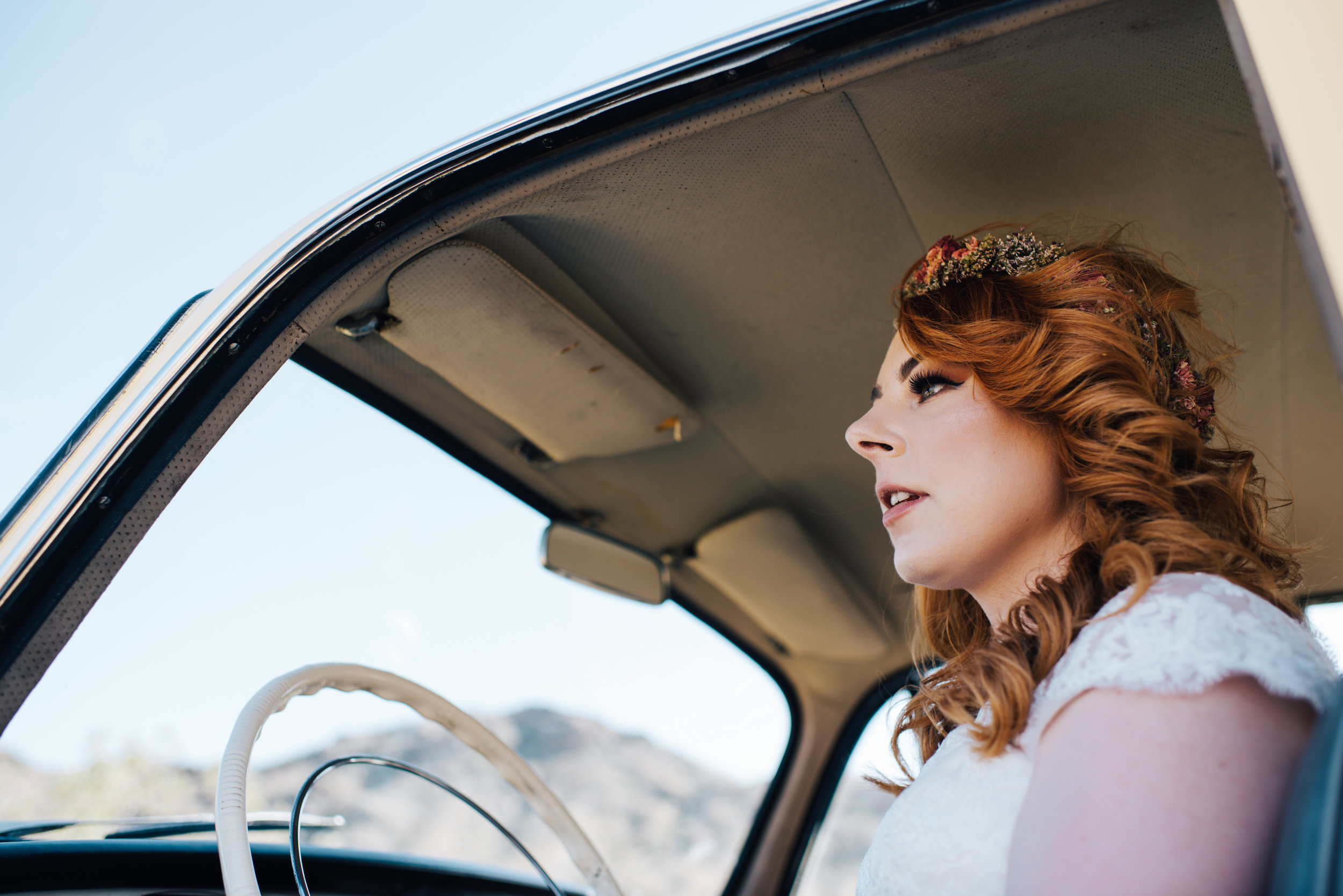 red head, ginger bride, vintage wedding, wedding las vegas, elopement las vegas, elopement, peachy keen union, red head bride, vintage bride, vintage car, tetra, yellow, desert wedding, summer wedding, las vegas, mojave desert, wedding inspiration, wed, i do, charming, las vegas elopement, elope, elopement photographer