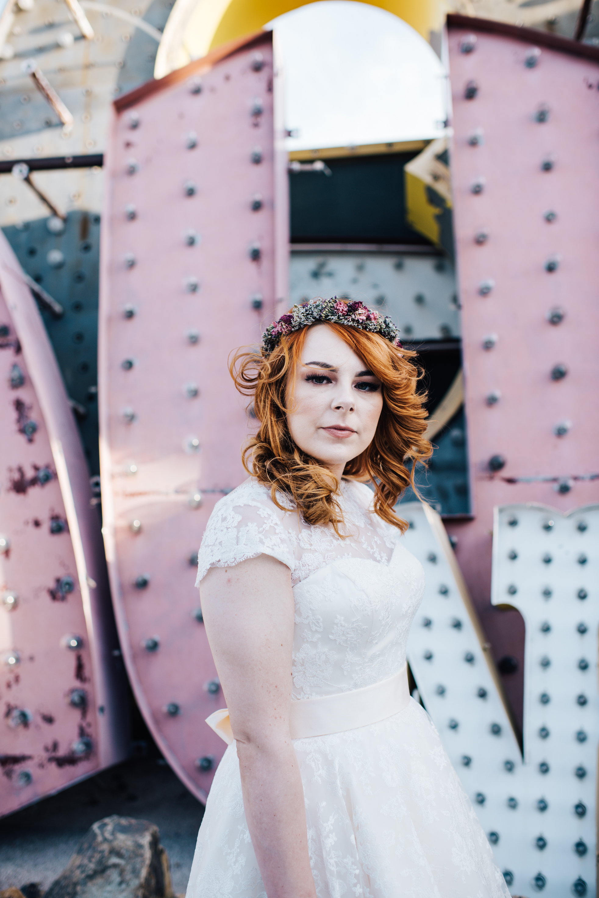 Neon museum Las vegas, Neon Signs, red head, ginger bride, vintage wedding, wedding las vegas, elopement las vegas, elopement, peachy keen union, red head bride, vintage bride, vintage car, tetra, yellow, desert wedding, summer wedding, las vegas, mojave desert, wedding inspiration, wed, i do, charming, las vegas elopement, elope, elopement photographer
