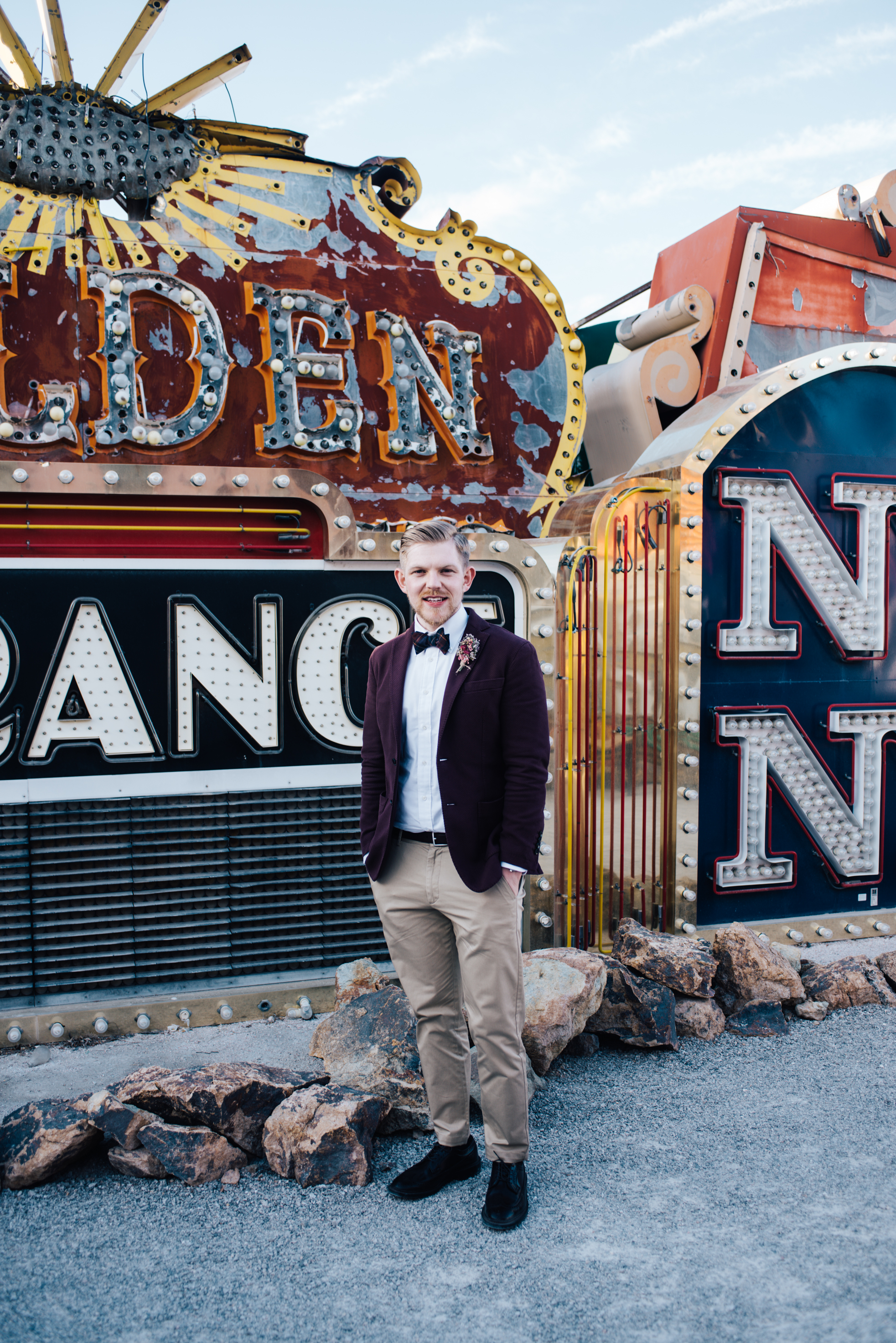 Neon museum Las vegas, Neon Signs, red head, ginger bride, vintage wedding, wedding las vegas, elopement las vegas, elopement, peachy keen union, red head bride, vintage bride, vintage car, tetra, yellow, desert wedding, summer wedding, las vegas, mojave desert, wedding inspiration, wed, i do, charming, las vegas elopement, elope, elopement photographer
