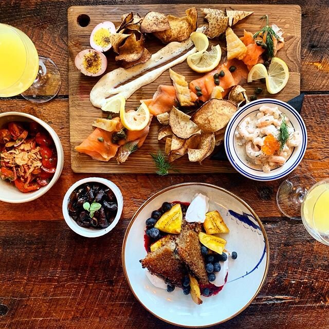 Belmont Brunch Bebe.  Nordic Board &amp; the Caribbean OatCake.  Side of mushrooms, tomato salad and some Mimosas:)