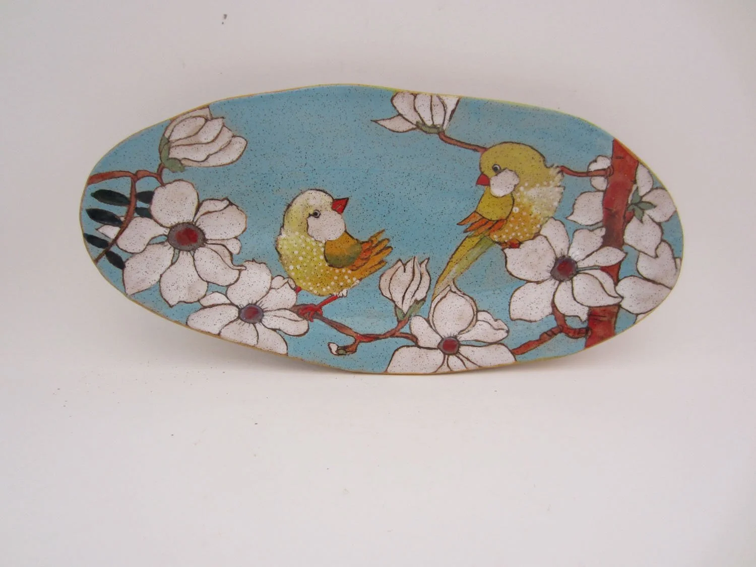 Magnolia Flower with Bird Small Long Oval Platter (tiffany blue)