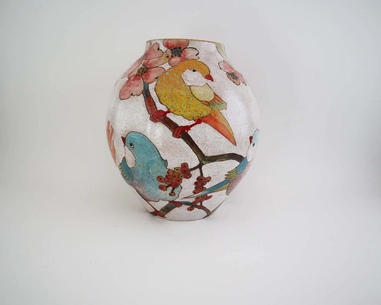 Flower, Birds, and Berries Large Round Vase