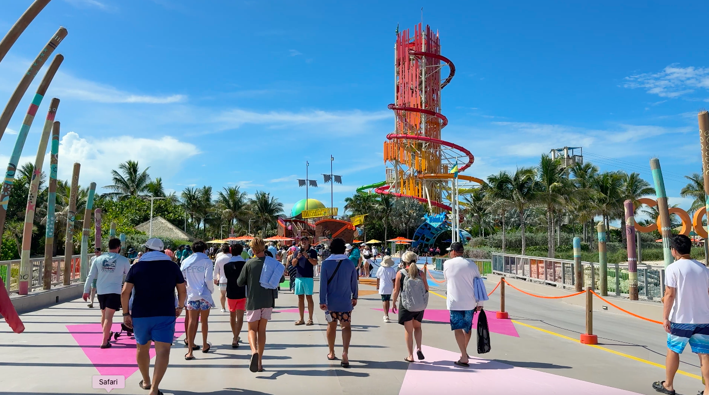 Arriving at Perfect Day at CocoCay with Thrill Water Park off in the distance