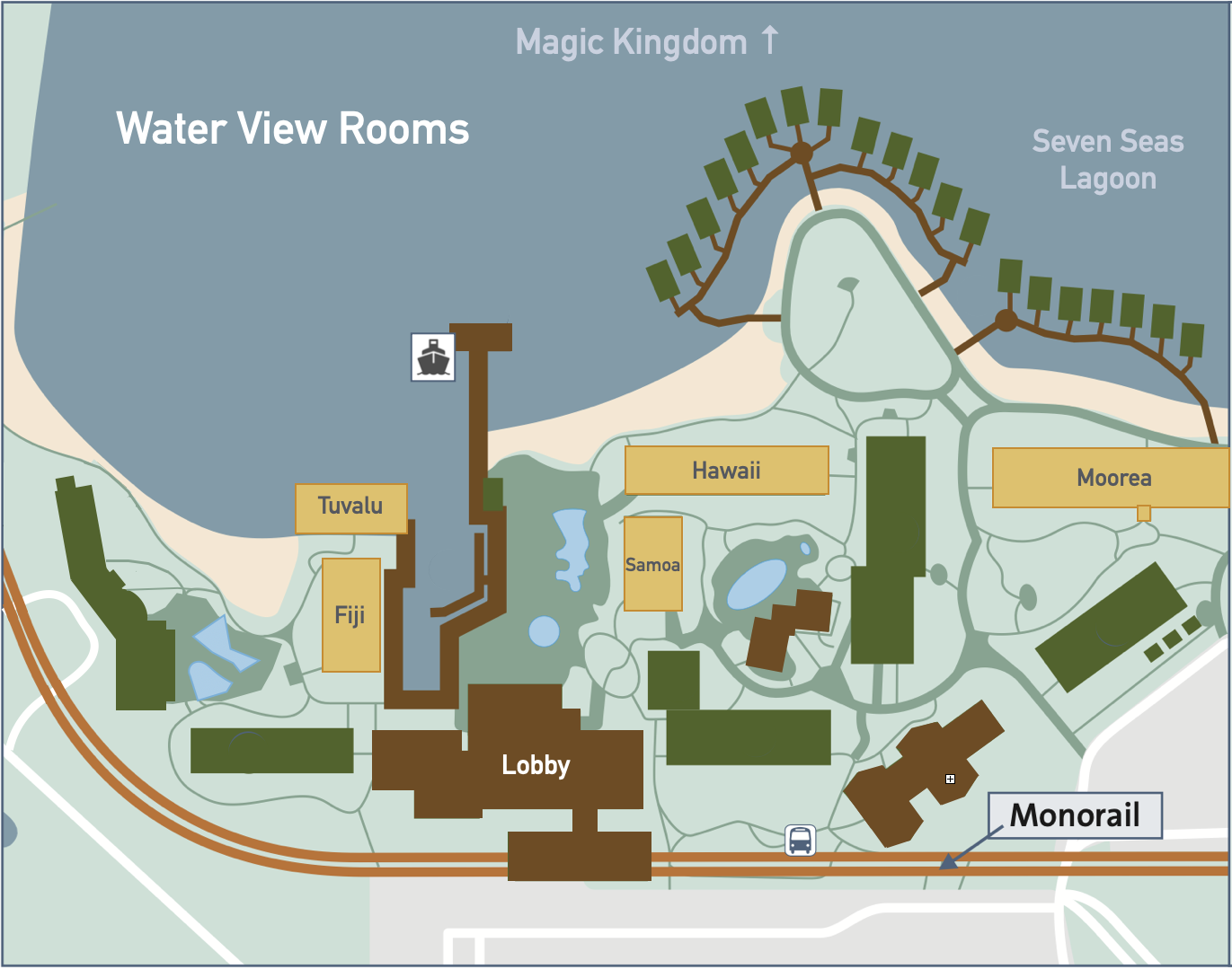 Map of water view rooms at Disney's Polynesian Village Resort