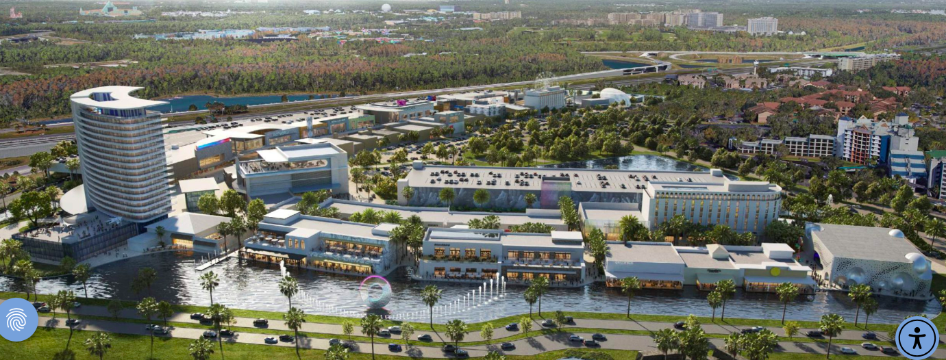 rendering of Ovation coming to Kissimmee Orlando - showing a hotel, retail shops and restaurants