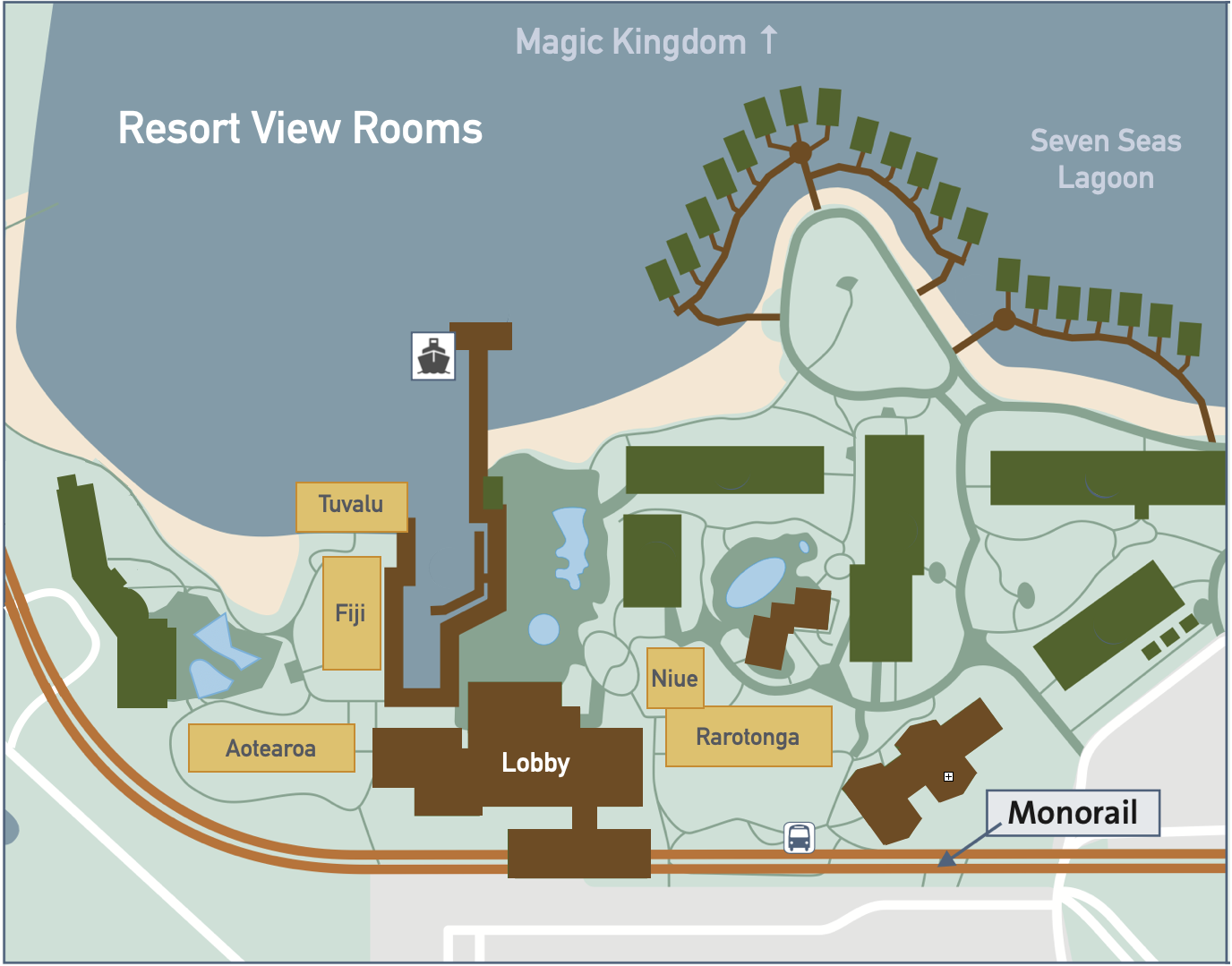 map of disney's polynesian village resort showing where the resort view rooms are located