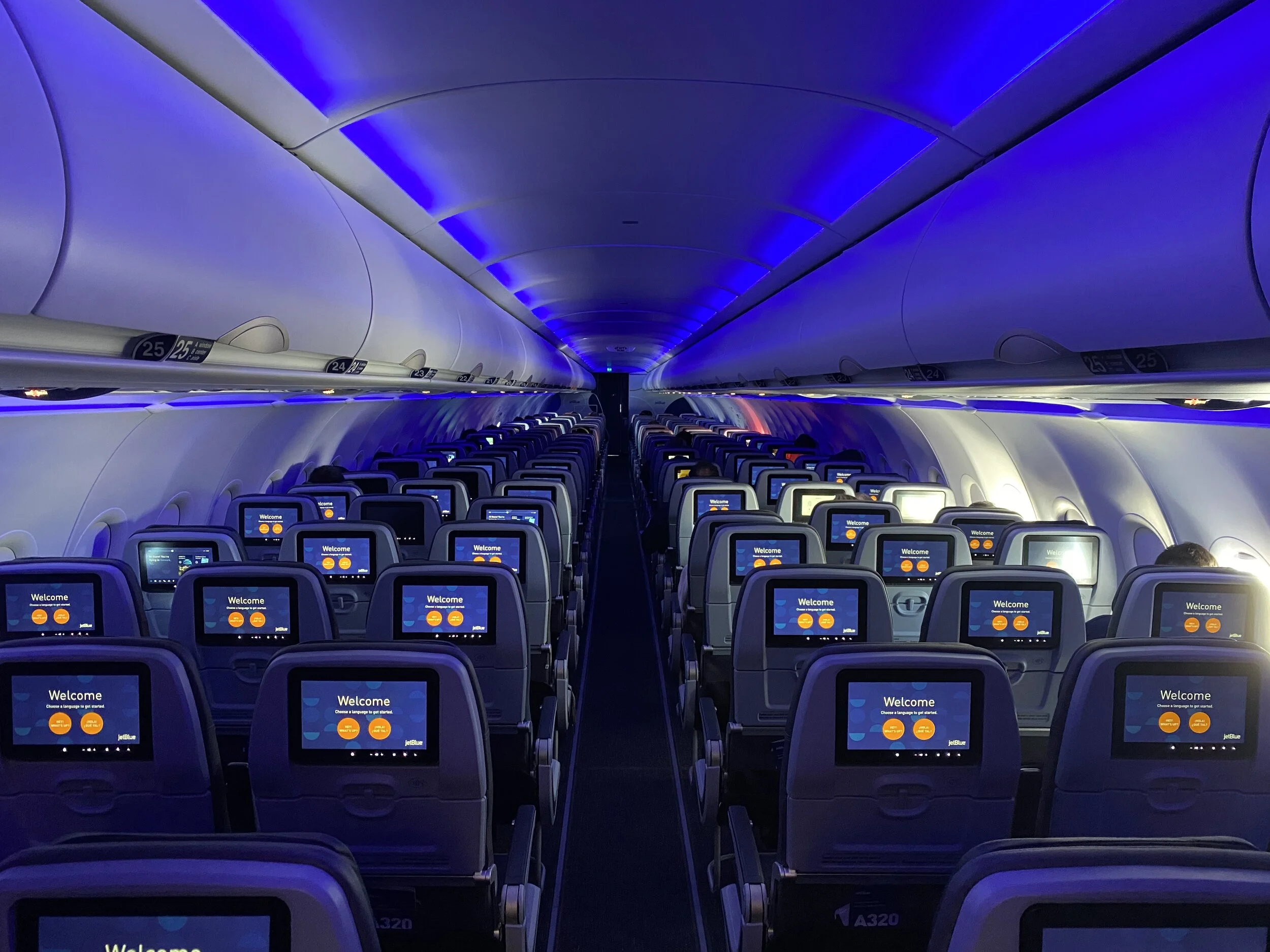 Onboard one of Jetblue’s newest planes. The blue lighting is a nice touch.