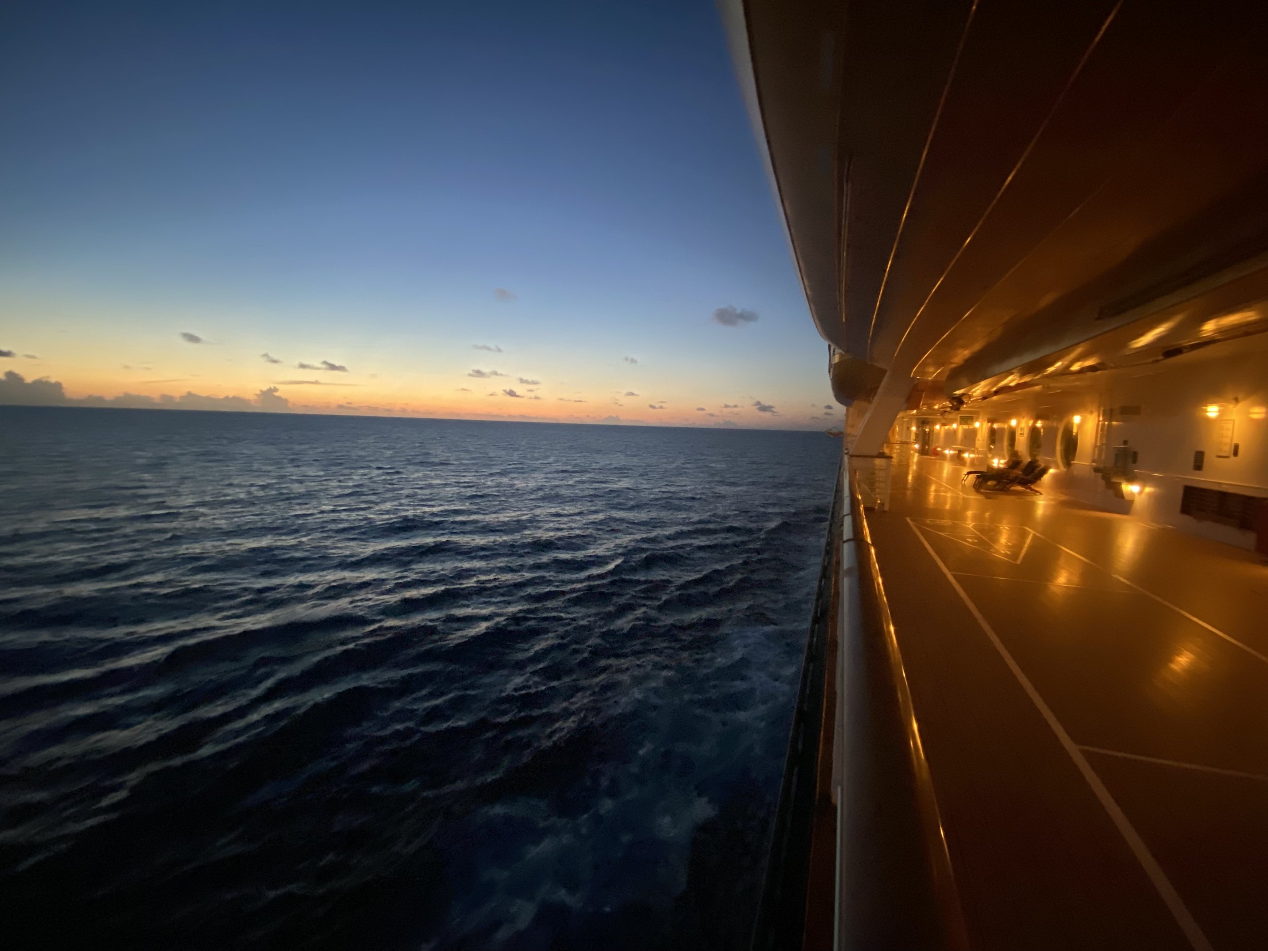  I love the promenade deck on the Disney Dream. It’s a great place to take a morning run or go for a walk during sunset. This was taken at sunrise over the Caribbean.  