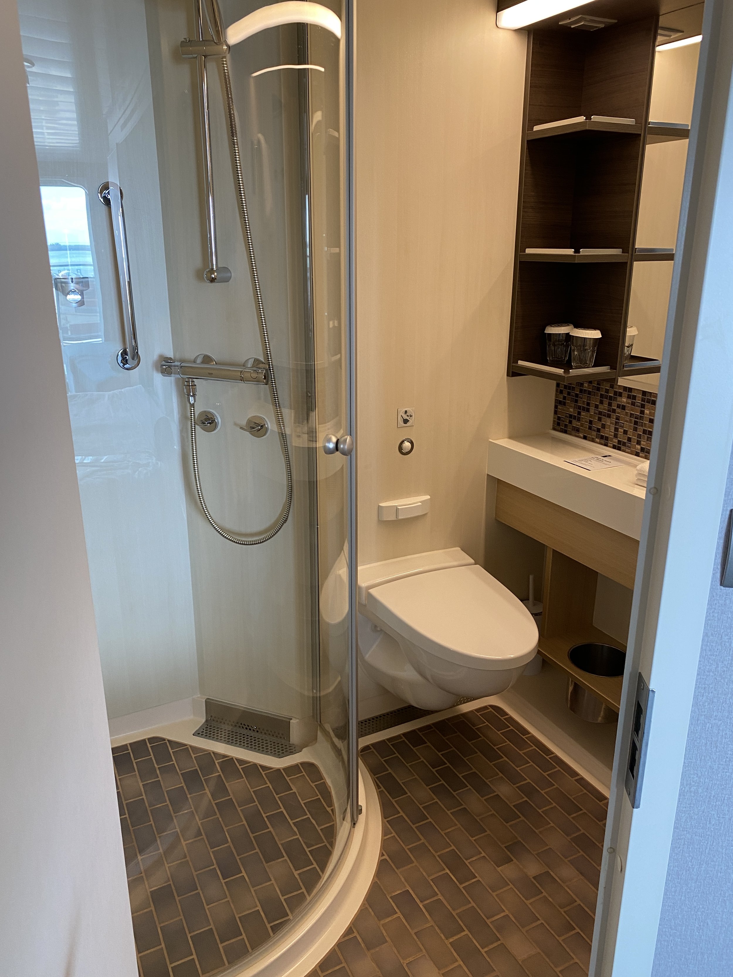  Bathrooms are generally tiny on cruise ships, this was no different. There’s no tub, but the standup shower is more spacious than it looks.  