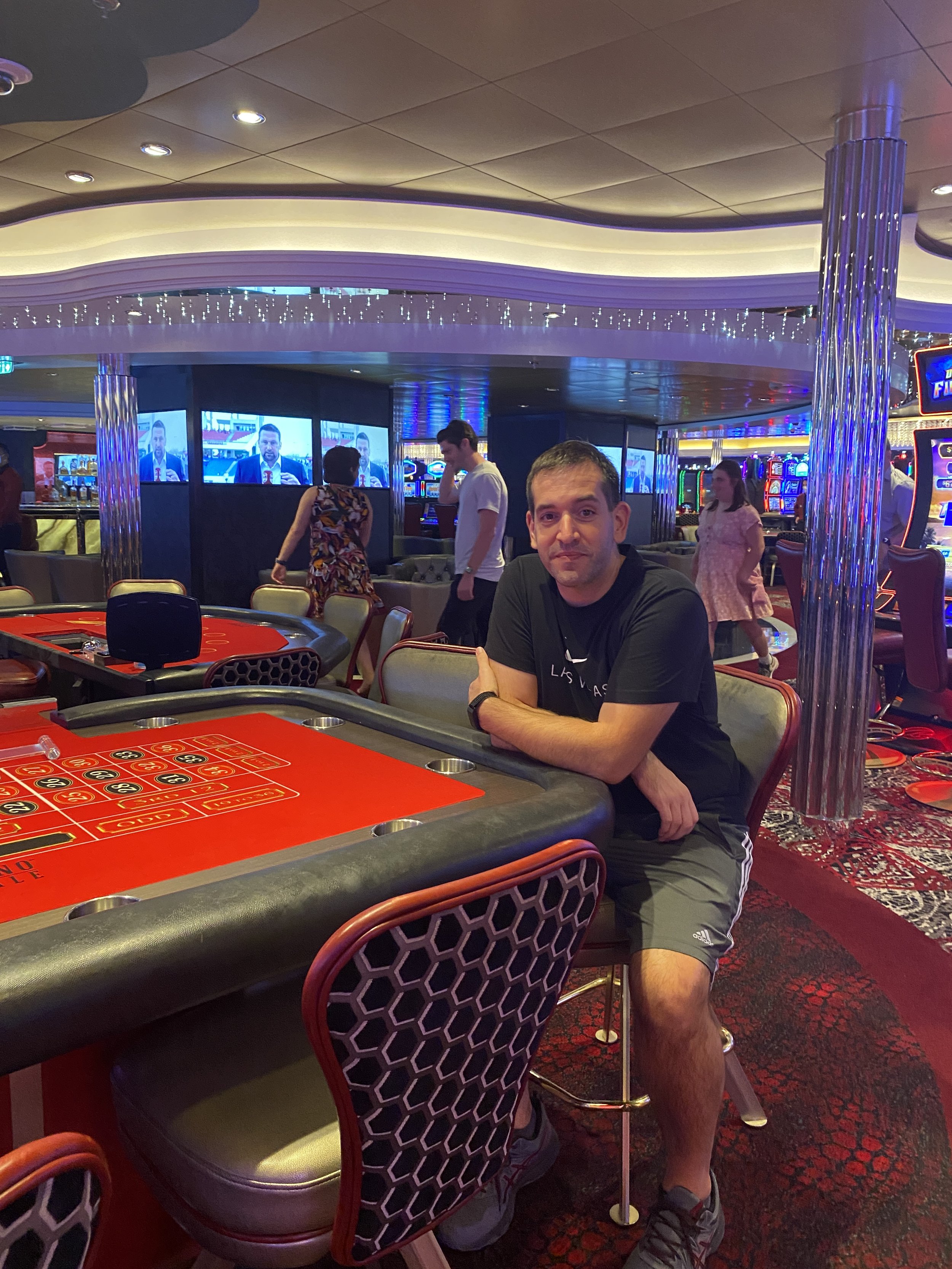  Most table games had $10 minimums, not bad! Penny slots and video poker were also available. The casino is only opened while at sea at while docked at Perfect Day.  Look at that, I’m even wearing my Las Vegas t-shirt - I’m ready!  