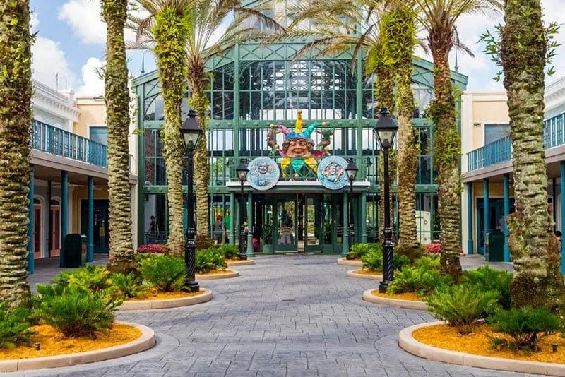 Lobby of Disney's French Quarter Resort from the rear of the hotel.