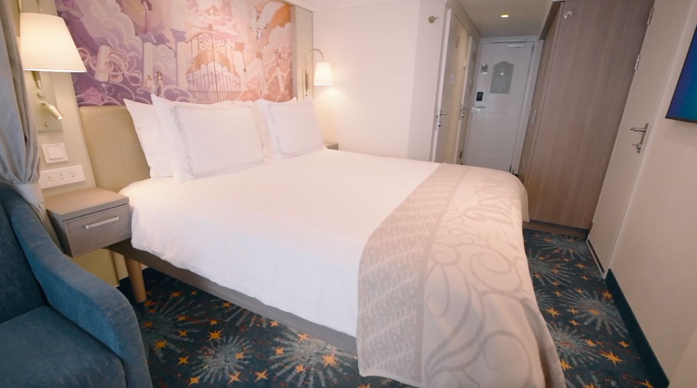 Bed in the verandah stateroom on the Disney Destiny