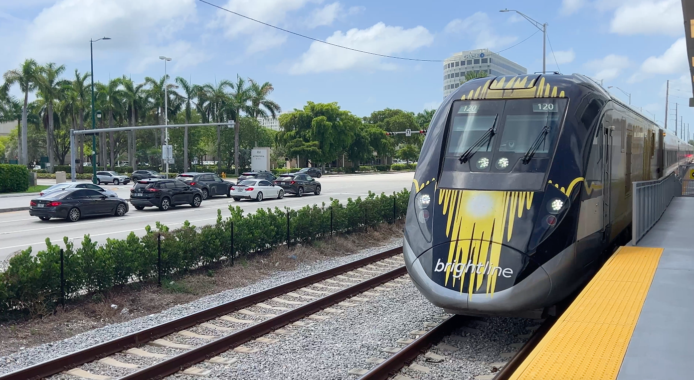 A Brightline train arrives for the afternoon run to Orlando