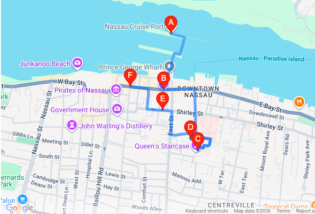 map of the walking route from the cruise port to the Queen's Stairs in Nassau Bahamas