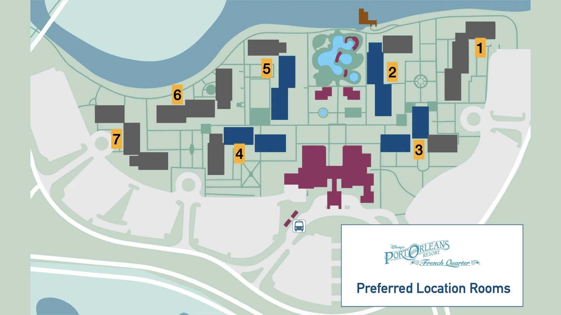 Map showing that preferred rooms can be foudn in buildings 2, 3, 4, 5