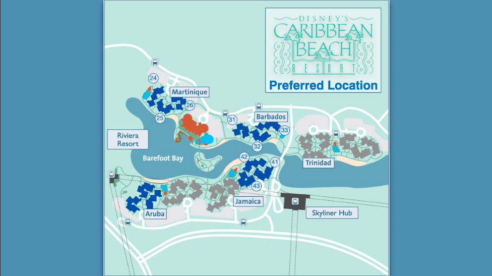 map showing the location of teh preferred rooms at disney's caribbean beach resort