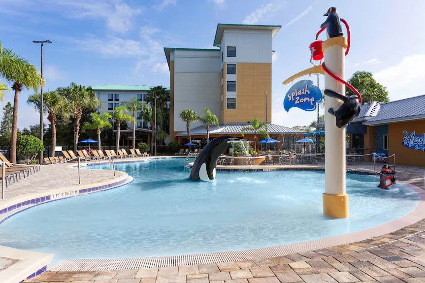 The pool and splash zone at Springhill suites and Fairfield Inn at SeaWorld. There's a killer whale statue in the middle of the pool