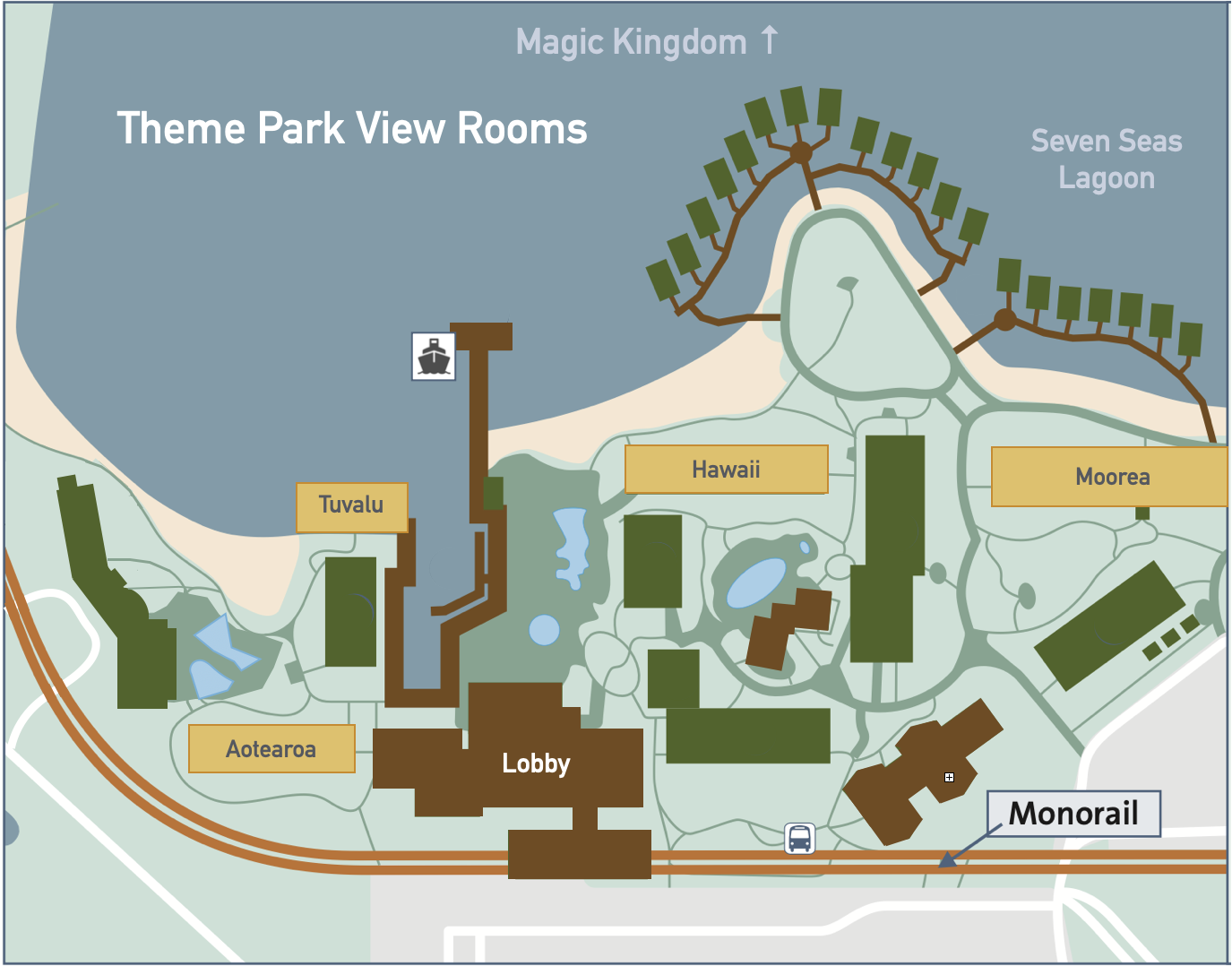 map of theme park view rooms at disney's polynesian village resort