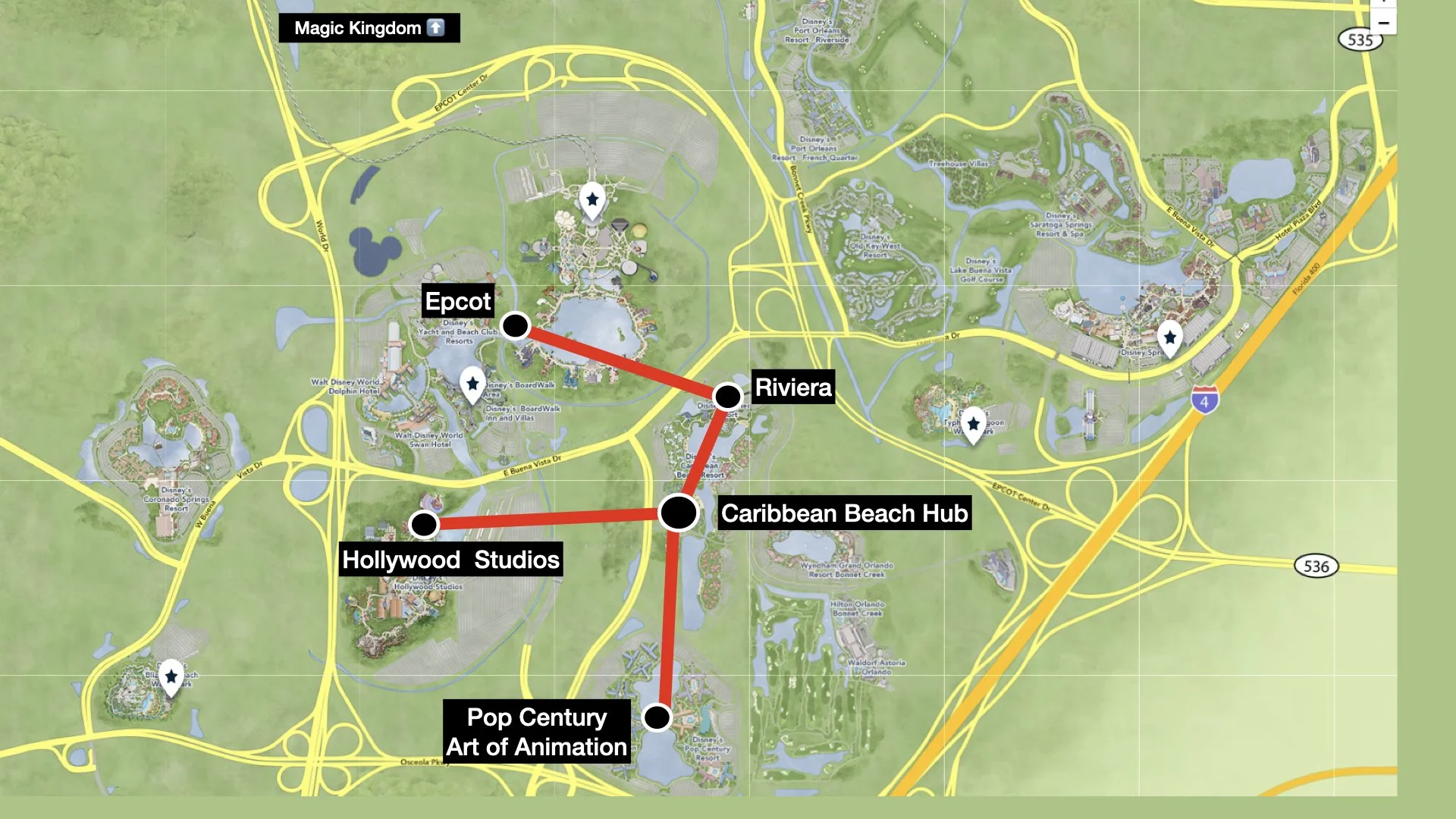 Disney World Skyliner Map showing resorts, stops and theme parks. The route map includes Epcot, Caribbean Beach, Pop Century, art of animation, and Disney's Hollywood Studios