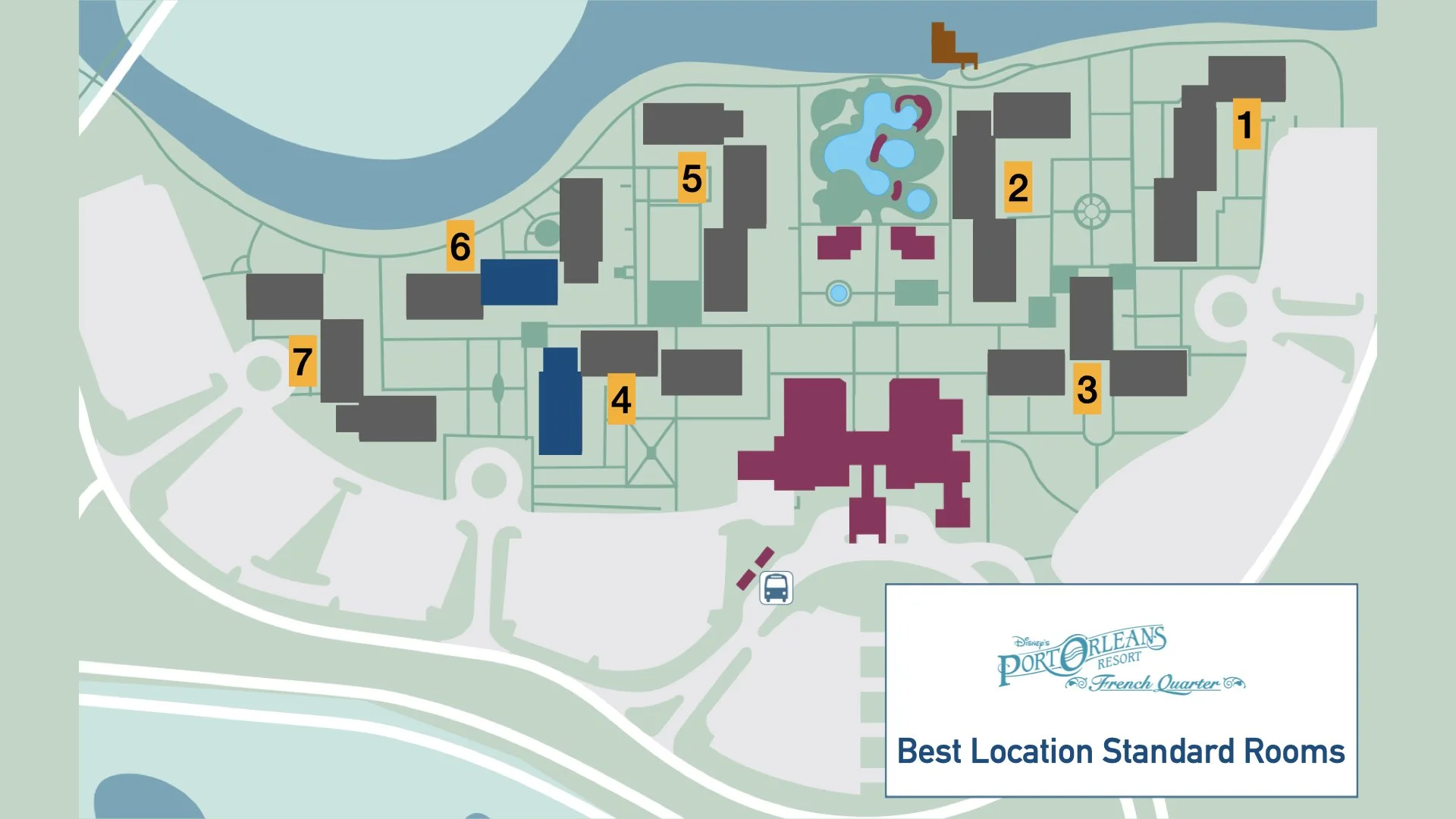 map showing the best standard location rooms are in buildings 4 and 6