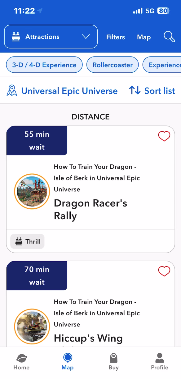 universal orlando mobile app showing wait times for Dragon Racer's Rally and Hiccup's Wing Gliders
