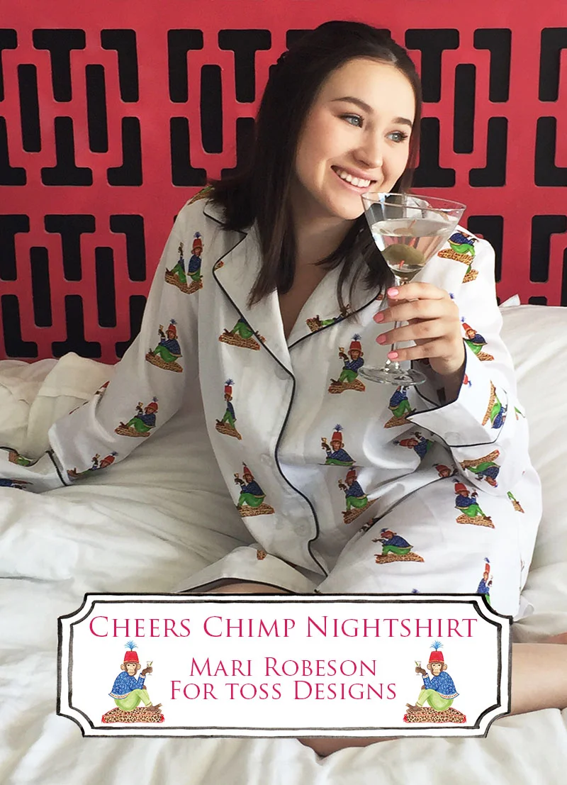 I love TOSS Designs and I'm thrilled to collaborate with them! This super soft, sateen Night Shirt has my cheeky little chimp, Marcel, sipping away, celebrating life! Available nationwide and in my shop !