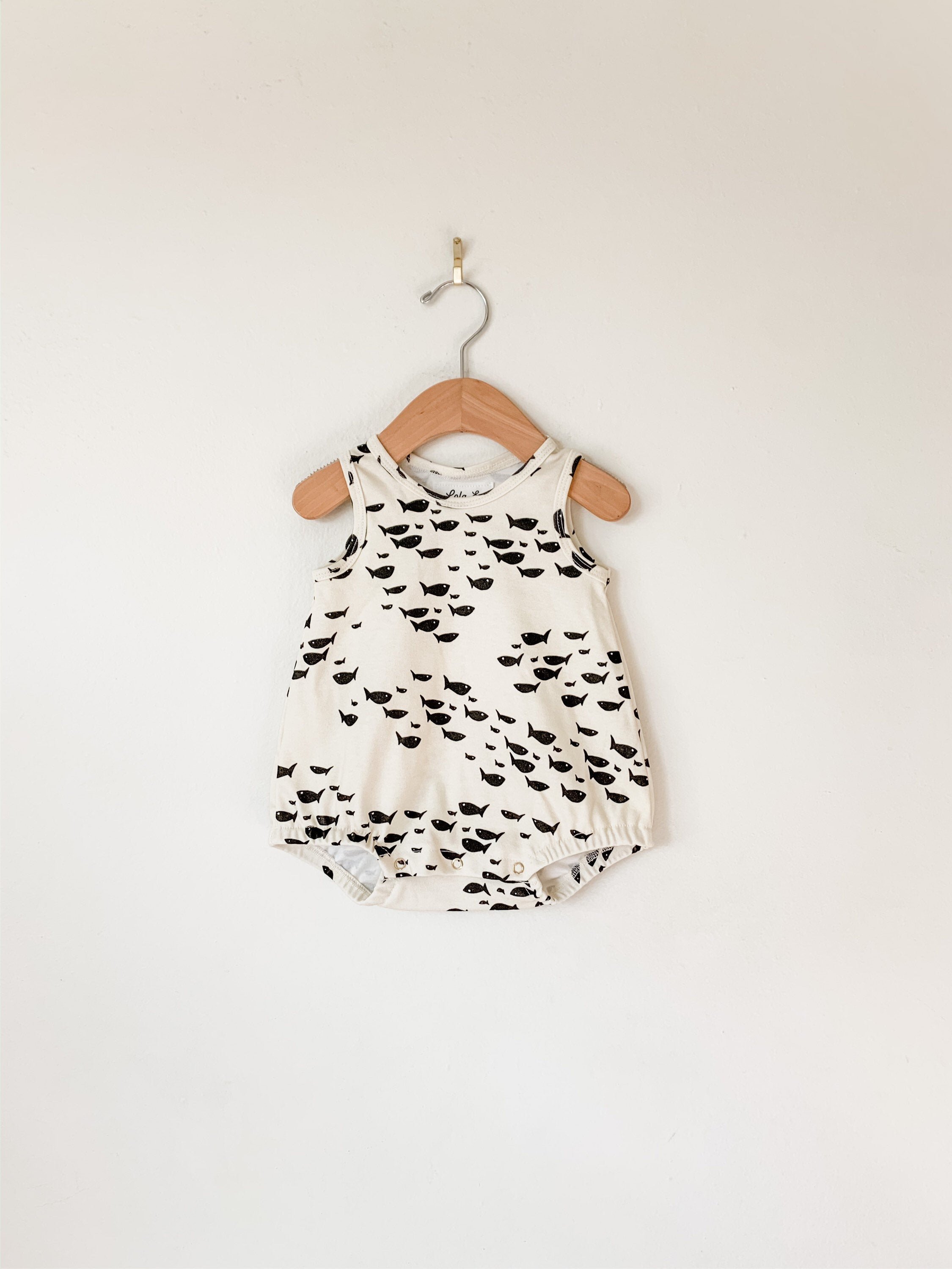 fish print organic bubble romper — Lola & Stella