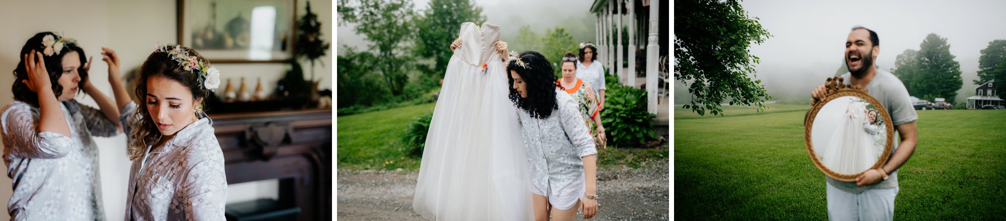 Fiddle Lake Farm Philadelphia Pennsylvania Misty Rustic Wedding with Lush Florals Bridal Prep in a Field