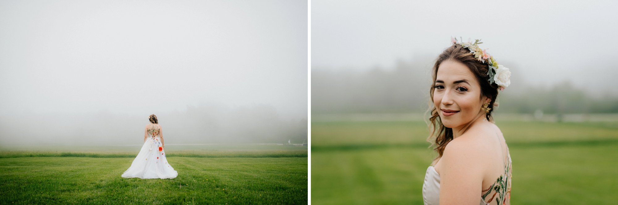 Fiddle Lake Farm Philadelphia Pennsylvania Misty Rustic Wedding with Lush Florals Bridal portraits in a foggy field