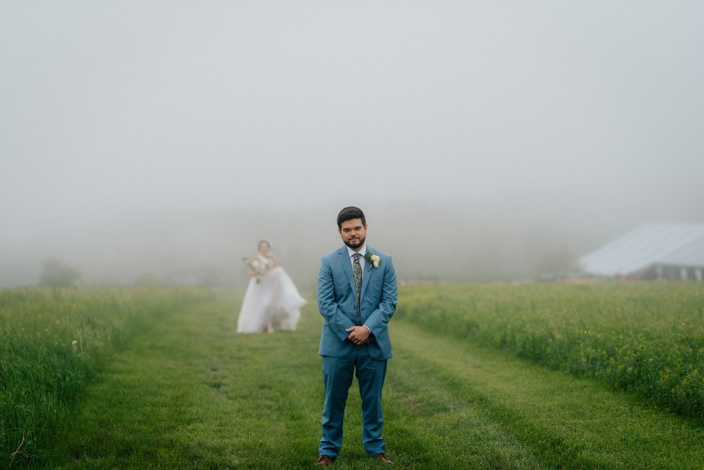 Fiddle Lake Farm Philadelphia Pennsylvania Misty Rustic Wedding with Lush Florals First Look