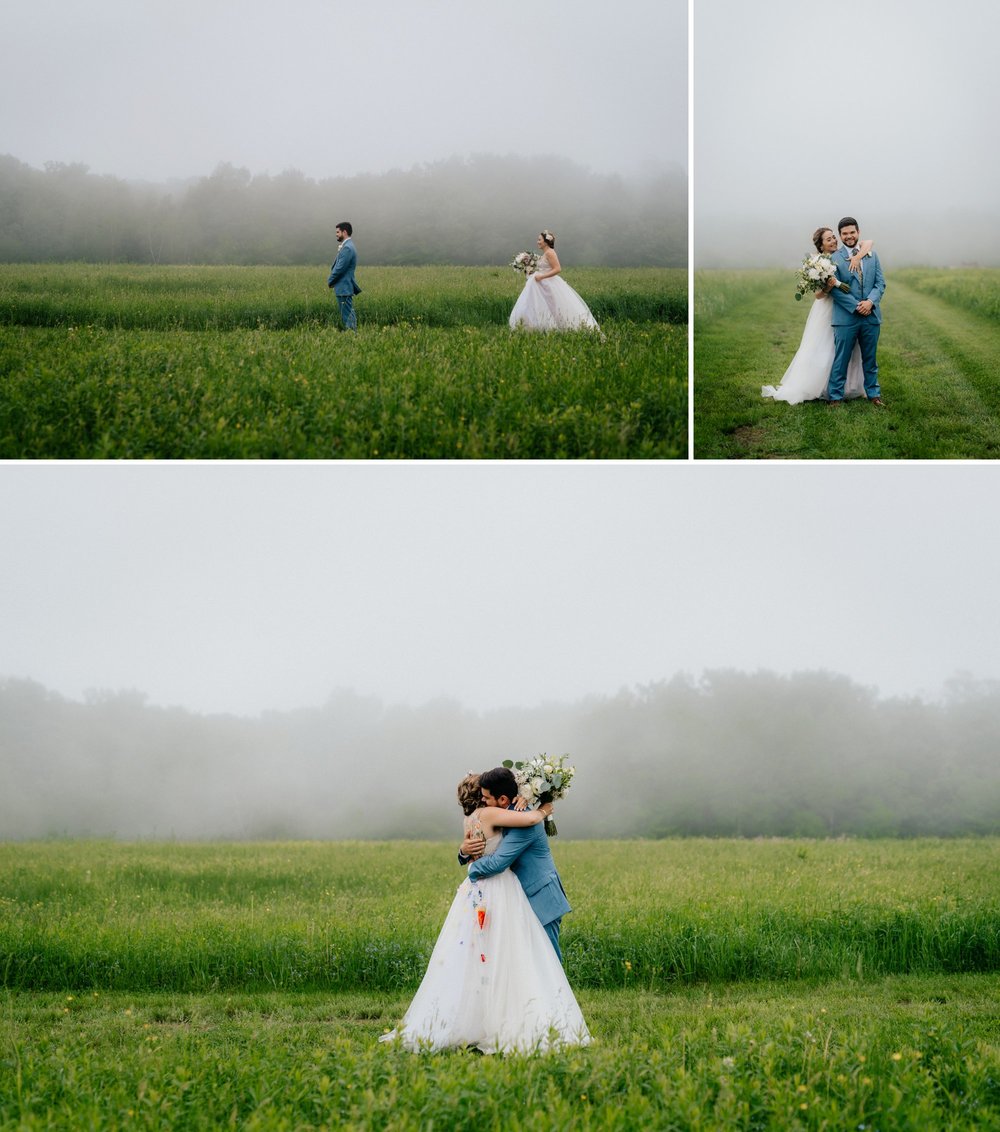 Fiddle Lake Farm Philadelphia Pennsylvania Misty Rustic Wedding with Lush Florals First Look