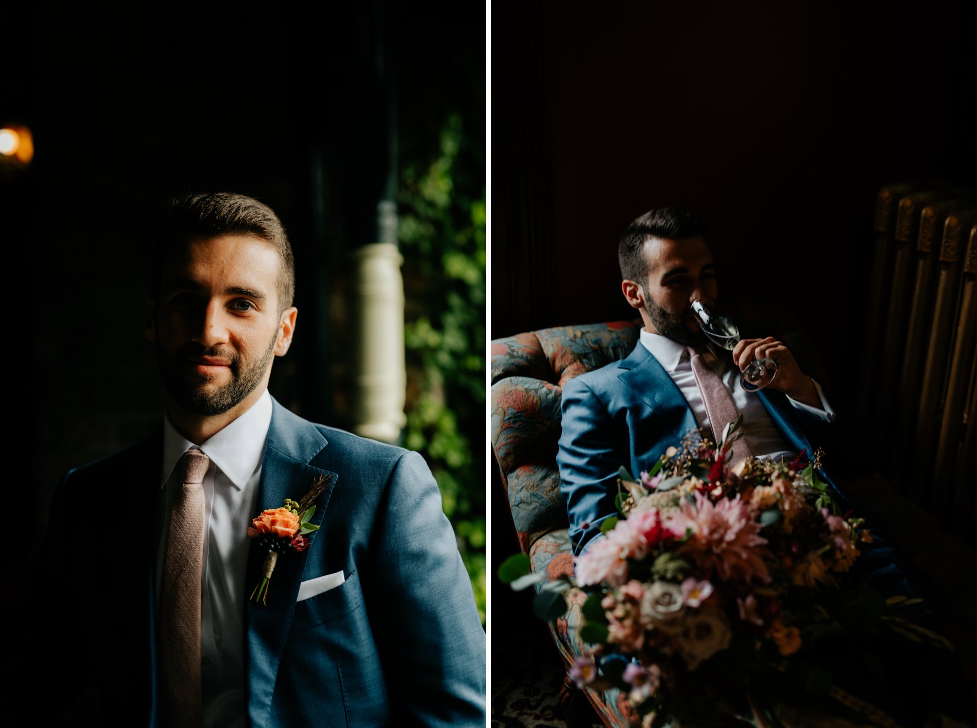 Lush Rainy Wedding at Knowlton Mansion in Philadelphia PA Moody Shadows and Umbrella Portraits