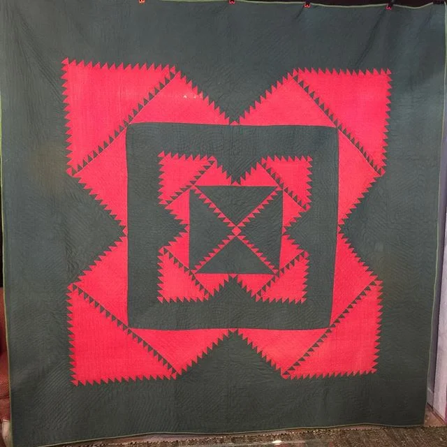 Snow day!  We&rsquo;ll reopen Thursday.  Lovely and cozy wool Amish quilt in red and greens dated 1871.