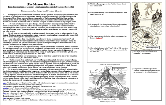 Monroe Doctrine A Series Of Slides With Primary Source Worksheet With Questions Greg S Goods Making Learning Fun
