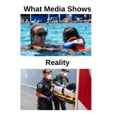 Image 1: Parent and child swimming in a public pool. Image 2: Two first responders loading a patient into an ambulance. Text: "What Media Shows. Reality."