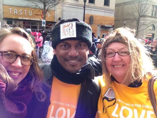 UUA Staff Nora Rasman, Carlton Elliot Smith and Susan Leslie at the Mass Moral March in Raleigh in February 2015.