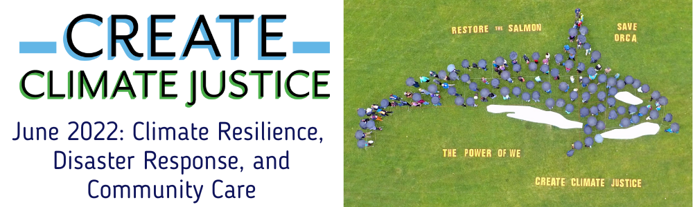 header for create climate justice w image of people standing in the shape of an orca.